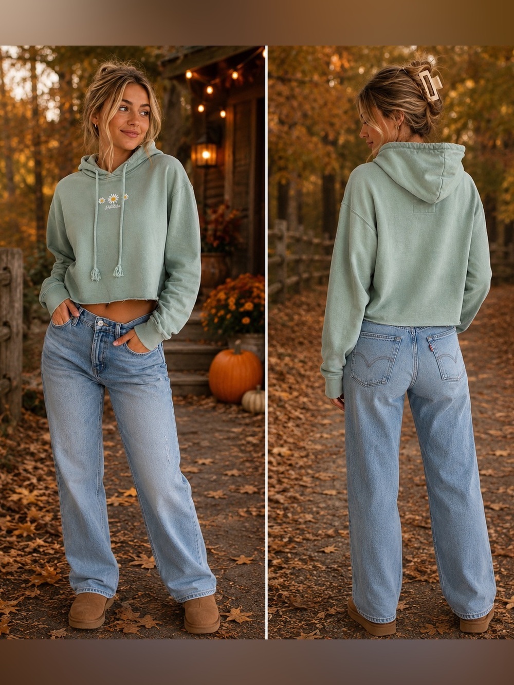 Hollister Daisy Embroidered Cropped Hoodie XS Mint Green Fleece Pullover